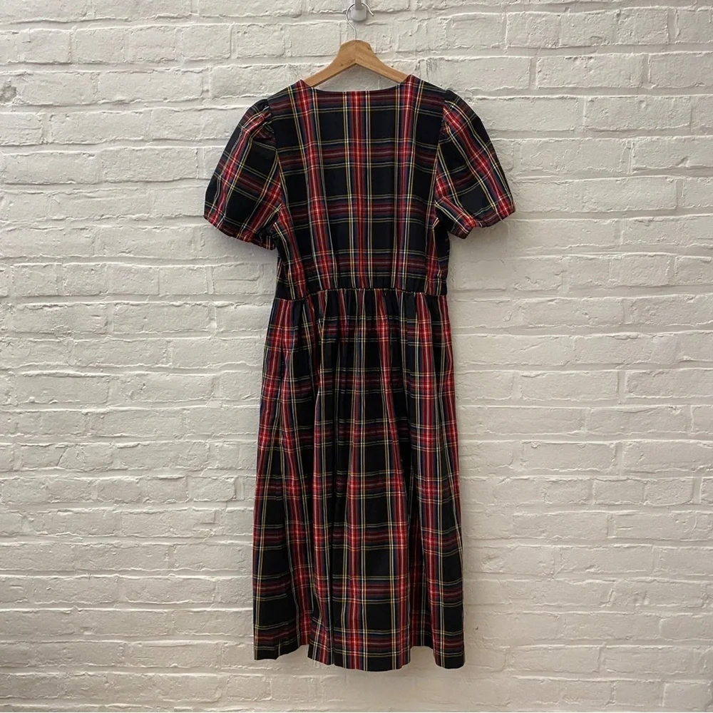 J.Crew || Stewart Tartan Puff-Sleeve Midi Dress With Jeweled Buttons Black 14‎